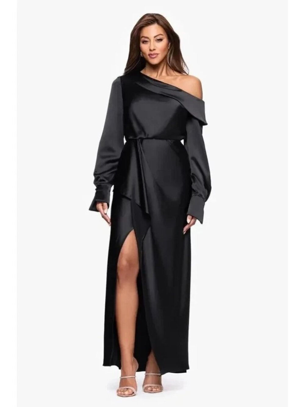 Xscape Black Drop Shoulder Long Sleeve Satin Gown Dress